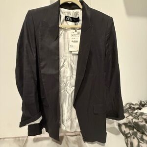 Zara LINEN BLEND PRINTED CUFF BLAZER gray NWT Size Medium